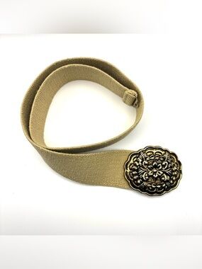 Vintage Motion East Khaki Elastic Cinch Stretchy 32" Belt‎ Gold Floral Buckle